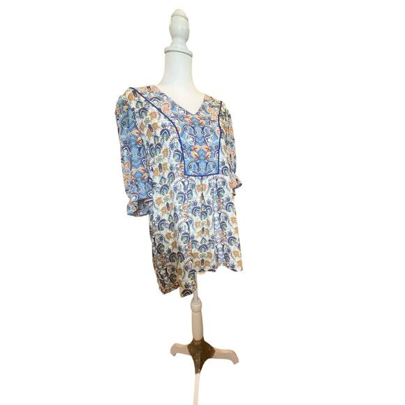 ROSE & OLIVE Tops - ROSE & OLIVE ART DECO FLORAL V NECK RUFFLED HEM BLOUSE WOMENS PLUS 2X